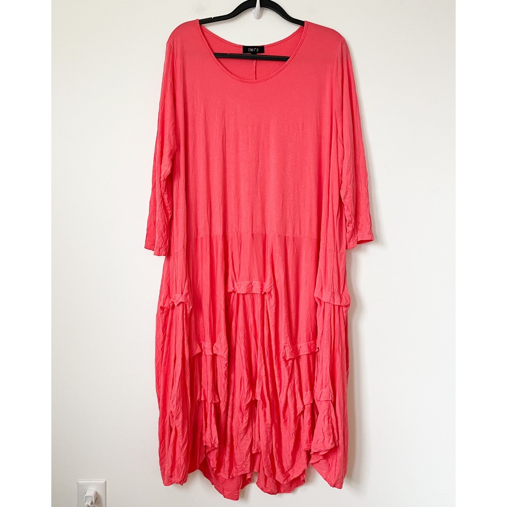 Comfy USA Coral Crinkle Scoop Neck Tiered 3/4 Sleeve Dress Womens 2X‎